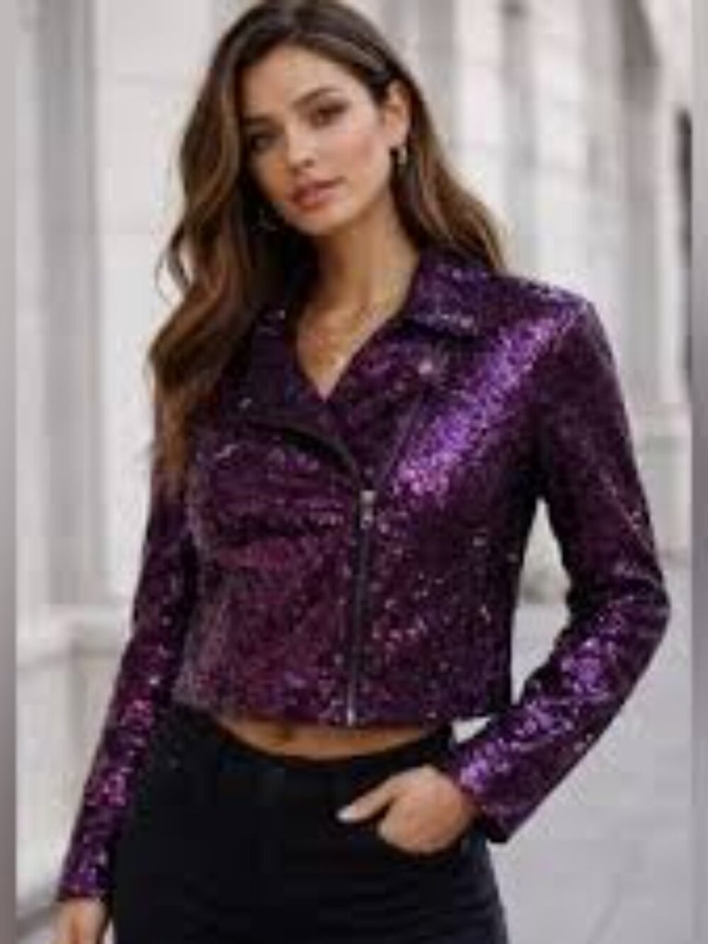 Colleen Lopez Purple Luxe Sequin Moto Jacket Size M NWT
